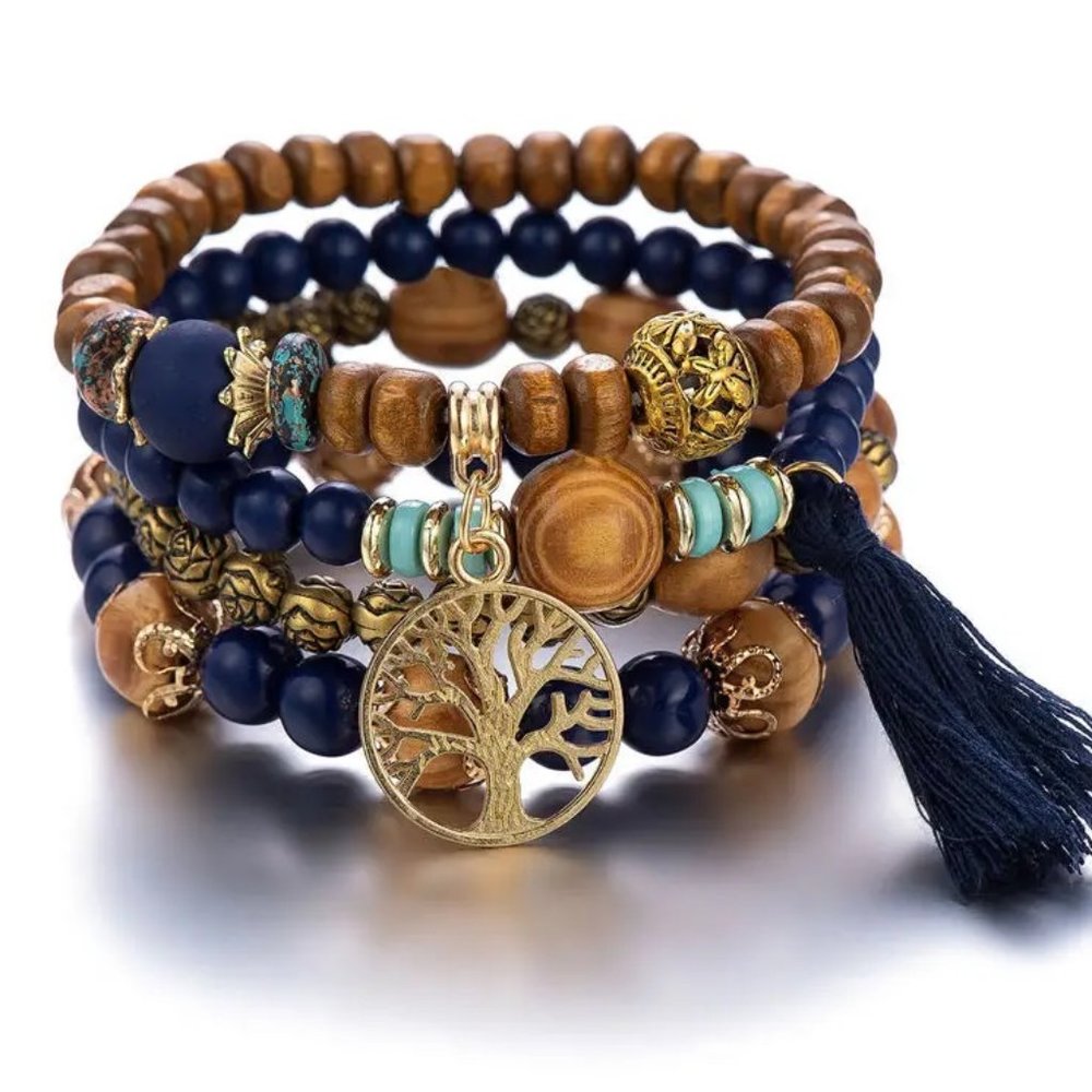 Tree Of Life 4 Piece Multilayer Bohemian Beaded Navy Blue Bracelet - NEW